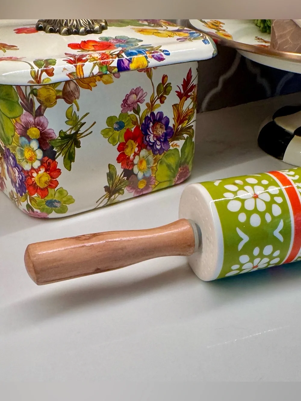 Retired Anthropologie Green Floral Ceramic Rolling Pin